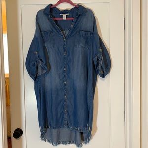 3X Chambray Tencel fabric dress with distressed look and frayed edge hem.